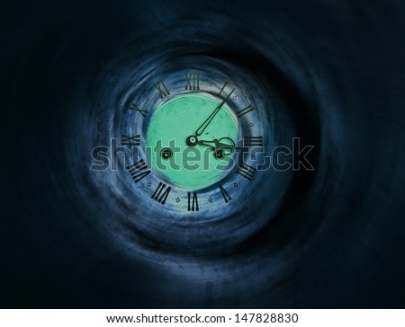 Dark tunnel leading to the clock. May symbolise time of life, beginning and end, the hour of something important like death. Hallucinogenic vision.