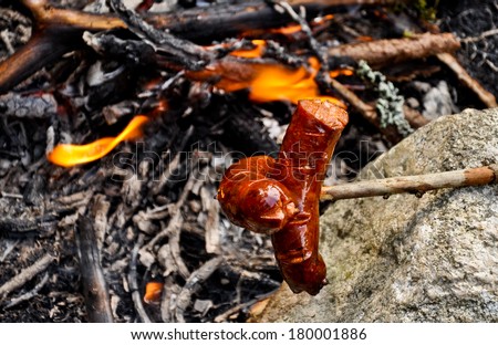 Sausages on the stick above fire