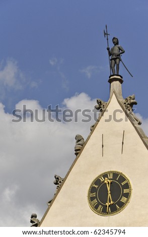 Watchman figure & historic clock on the town hall. Bardejov, Slovakia, Europe.  UNESCO World heritage place.