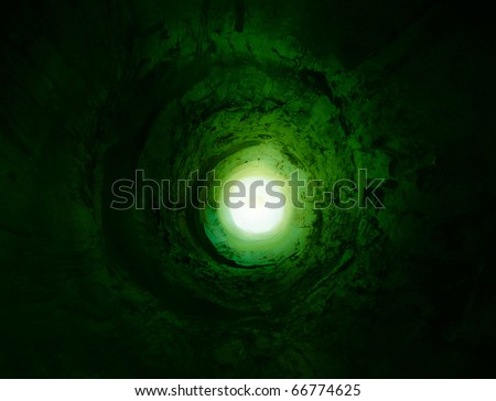 Science Fiction green tunnel to the light. May symbolise way to heaven after death, clinical death, escape, exit, freedom, psychedelic vision or some frame from the SF movie.
