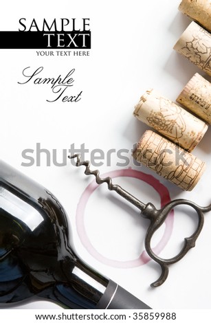 Cover for a winery menu. Bottle of red wine, corkscrew, corks. Space for text isolated on white.