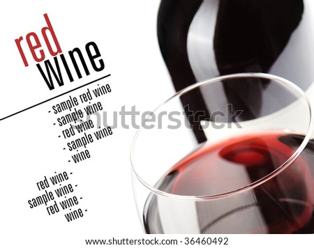 Winery menu project. Close up on glass of wine, bottle in background. Space for text isolated on white.