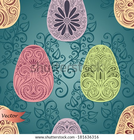 Vector Holiday Easter Seamless Pattern with Eggs and Leaves