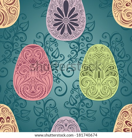 Holiday Easter Seamless Pattern with Eggs and Leaves
