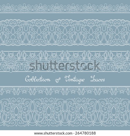Vector Set of Vintage Template with Ornate Laces. Hand Drawn Borders in Trendy Linear Style. Wedding Decor