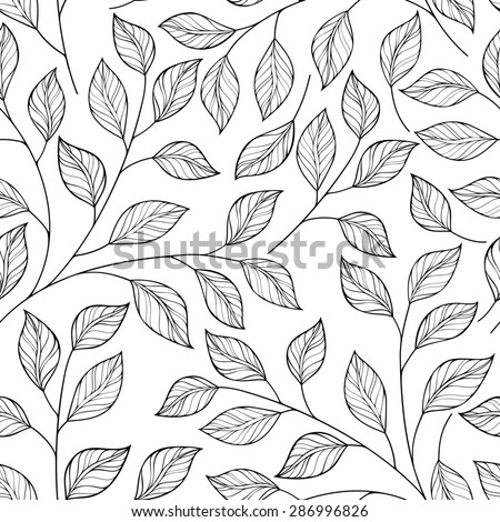 Seamless Contour Floral Pattern. Hand Drawn Monochrome Floral Texture, Decorative Leaves, Coloring Book