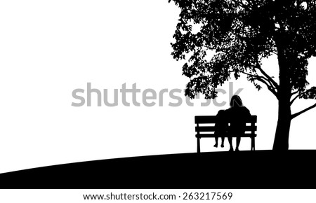 Silhouette mom and child relax under the tree on white background