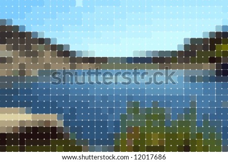 landscape background with solid colored rounded rectangles in mosaic tile effect