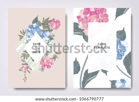 Botanical wedding invitation card template design, blue and pink hydrangea flowers and leaves on green frame, vintage style