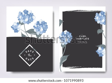 Botanical wedding invitation card template design, blue hydrangea flowers and leaves with black grunge frame, minimalist vintage style