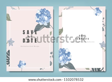 Botanical wedding invitation card template design, blue hydrangea flowers and leaves on light pink background, minimalist vintage style