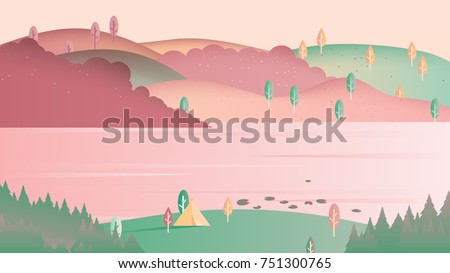 Beautiful spring scenery landscape, camping tent on small hill with lake and mountain, pink and green tones