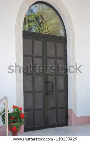 modern wooden door with glass panes and arches