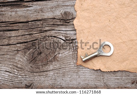 vintage blank paper and keys on wooden background with place for your message