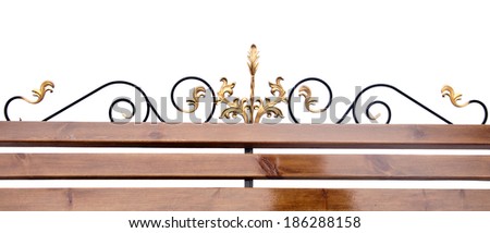 part of a wrought iron fence with blank wooden plank on white background