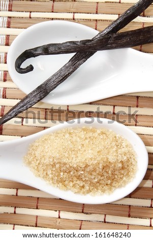 cane sugar and vanilla pod on white ceramic spoon