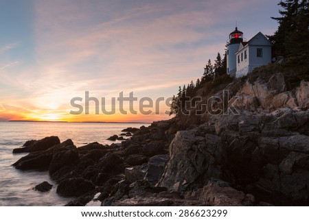Bass Harbor Lighthouse, Acadia National Park, Maine, USA, at sunset
