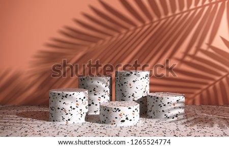 Cosmetic background for product  presentation. white terrazzo podium on cream color wall scene with shadow of leaf. Minimal geometric shape. fashion magazine illustration. 3d render illustration.