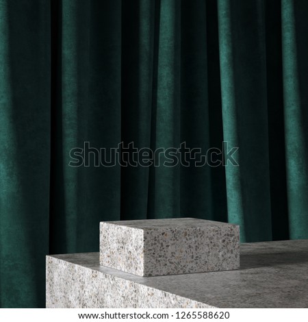 Cosmetic background for product  presentation. grey terrazzo podium on green curtain scene.  Mid century minimal product stage. Fashion magazine illustration. 3d render illustration.