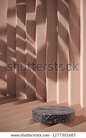 Cosmetic background for product presentation. Black terrazzo podium on cream geometry form background with shadow of leaf. 3d rendering illustration.