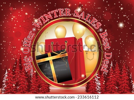 Red Winter sales Big offer poster for print. Contains big shopping bags and box gifts, Christmas decorations , balloons and Christmas baubles. Format A4, print colors used.