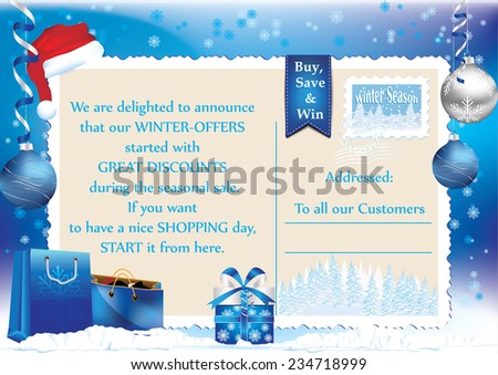 Winter sales postcard for print. Contains a nice message for customers, Christmas baubles, sale with big discounts tag, Santa\'s hat, present boxes and shopping bags. Print colors used