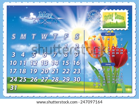 Monthly calendar 2015 - May May-  planning calendar (postcard design), having a spring landscape on the background and some tulip flowers on the right, the symbol of the spring season.
