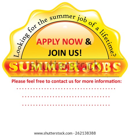 Summer Job Vacancy - Apply Now - printable sticker. We are hiring sticker for employers that are looking to hire during the summer. CMYK colors used.