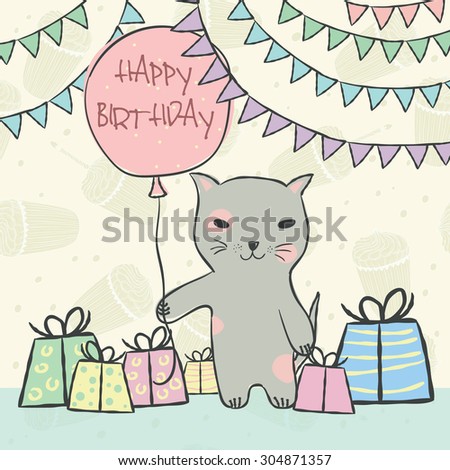 Animal cat with pink balloon, gifts, garlands on seamless pattern with birthday cupcakes and a candle for invitation, birthday cards Vector illustration eps10