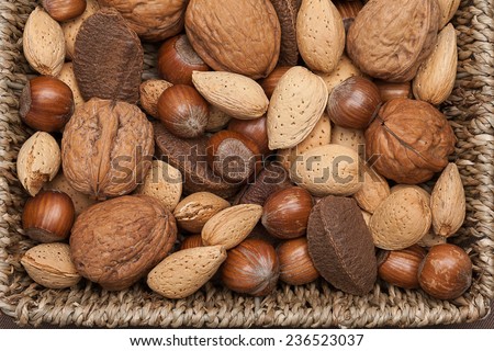 Basket reach in various kinds of nuts in shells, brazil nuts, almonds, hazelnuts and walnuts.