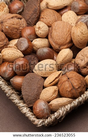 Basket reach in various kinds of nuts in shells, brazil nuts, almonds, hazelnuts and walnuts.