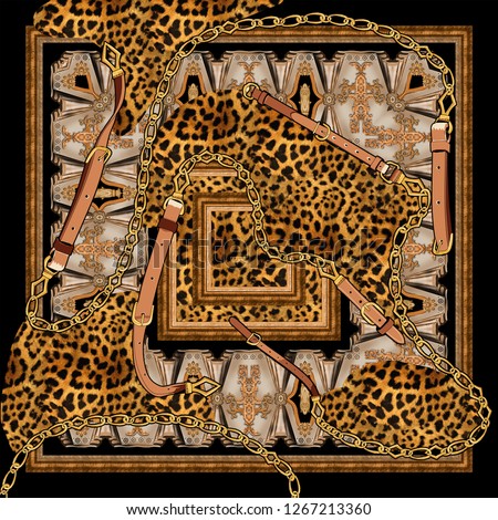 vintage baroque, border, chain, belt, leopard skin, frame, square patchwork pattern. scarf pattern