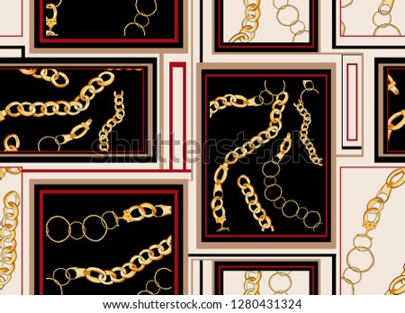 seamless golden chain square patchwork fabric print pattern.