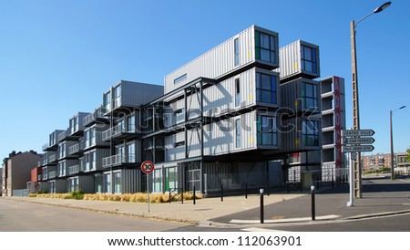 HAVRE, FRANCE-AUGUST 09:A hostel for students from containers. A new type of modular and eco-friendly houses.The idea originated in the Netherlands and built in Havre;August 09, 2012 in Havre,France.