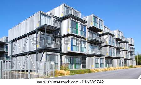 HAVRE, FRANCE-AUGUST 09:A hostel for students from containers. A new type of modular and eco-friendly houses.The idea originated in the Netherlands and built in Havre;August 09,2012 in Havre,France