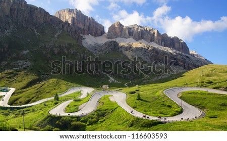 Picturesque Dolomites  landscape with mountain road. Italy