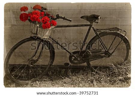 Series of illustrations on the old paper with old postcard. Bicycle decorated by red geraniums