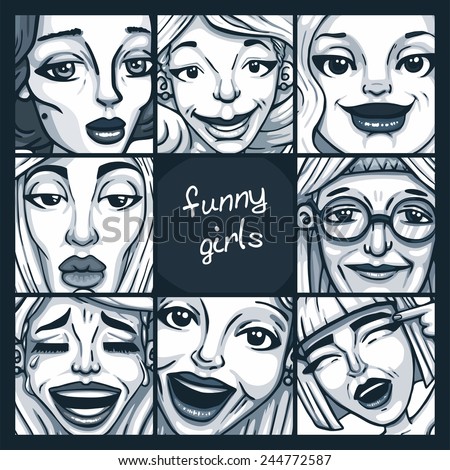 set of funny girls close-up emotions