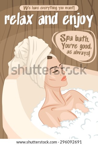 Beautiful relaxed woman lies in the bathtub with her eyes closed with foam poster