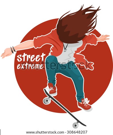 Street extreme girl with skateboard jumping