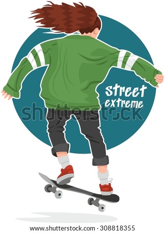 skater girl in hoodie back on a skateboard street extreme