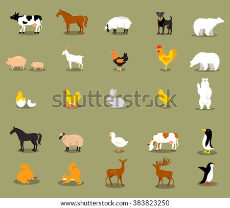 Farm animals set in flat vector style with a chicken, cock, pig, sheep, beef, dairy, cow, horse, deer, bear, squirrel.