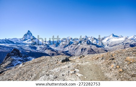 View of Matterhorn on a clear sunny day on the autumn hiking path, Zermatt, Switzerland