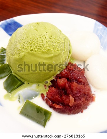 Green tea parfait ice-cream with red bean and mochi
