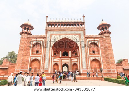 INDIA, AGRA- NOVEMBER 7,2015 gateway to the Taj mahal , A famous historical monument, A monument of love, the Greatest White marble tomb in India, Agra, Uttar Pradesh