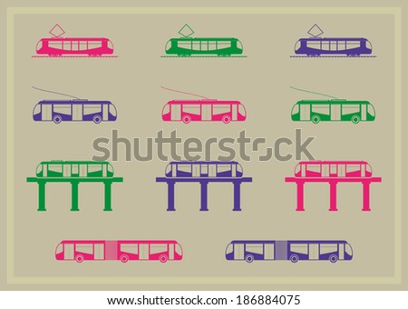Public transportation icons series. Bus, trolleybus, monorail and tram.