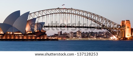 SYDNEY - FEBRUARY 6: The Sydney Opera House with Harbor bridge in Sydney, Australia on February 6, 2013. Designed by Danish architect Jorn Utzon; this year is celebrating the 40th opening anniversary