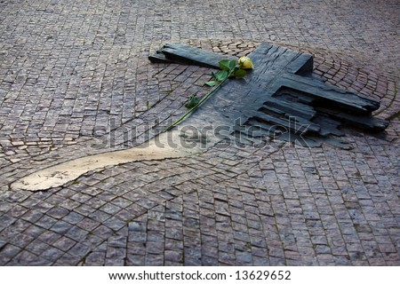Memorial built in public sidewalk in Prague is dedicated to Jan Palach and Jan Zajic. In 1969 they burned himselves on this place to protest against russian invasion in august 1968 to Czechoslovakia.