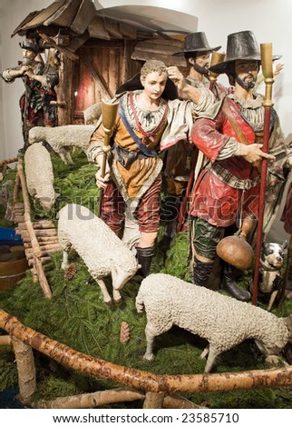 Baroque Bethlehem in Prague - shepherd and rustic people with sheep. 48 figures Bethlehem made in 17th century by monk Kaspar. Artwork from straw, paper, gypsum and original clothes.