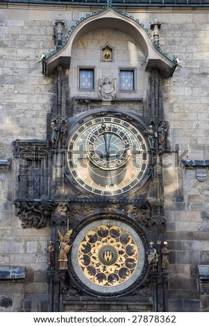 Unique clock on gothic tower supplemented with a round calendarium including the signs of the zodiac painted by Josef Manes (1865).